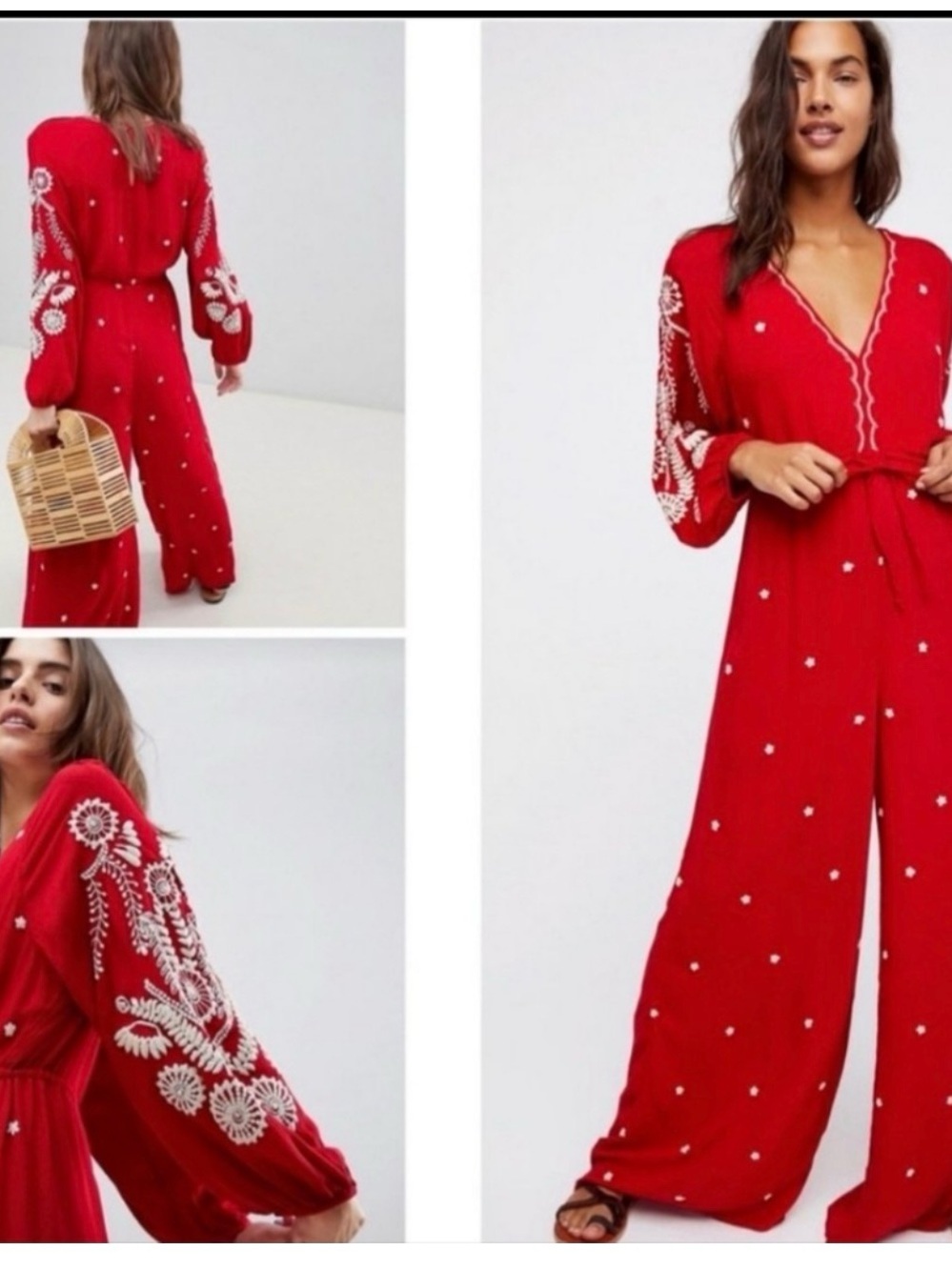 Freepeople NWT Red Embroidered V-Neck Wide-Leg Jumpsuit